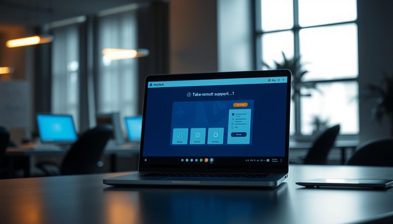 A dimly lit office interior, with a sleek, modern desk at the center. On the desk, a laptop displays the AnyDesk remote support software interface, its clean, intuitive layout and calming blue hues inviting the user to effortlessly